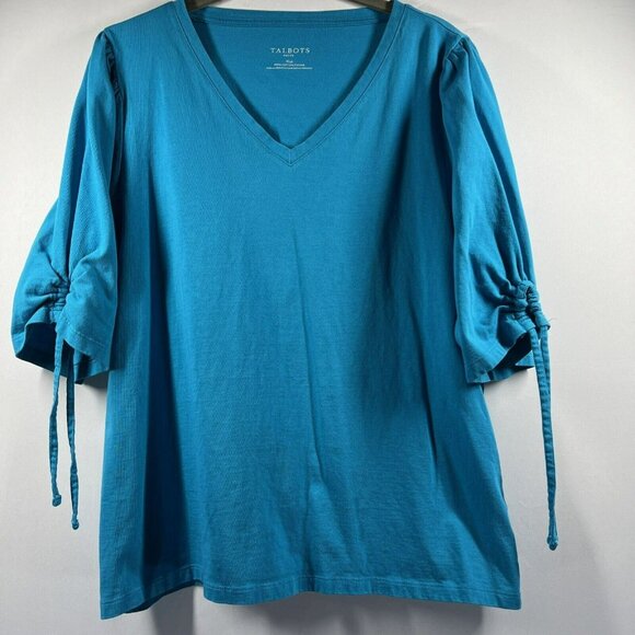 Talbots Women Top XLP Petite Solid Blue 100% Cotton Short Ruched Sleeve Pullover - Picture 1 of 8